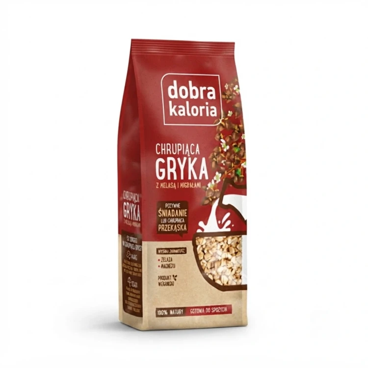 Chrupiąca gryka z melasą i migdałami 100g Dobra Kaloria — opakowanie, zdjęcie studyjne