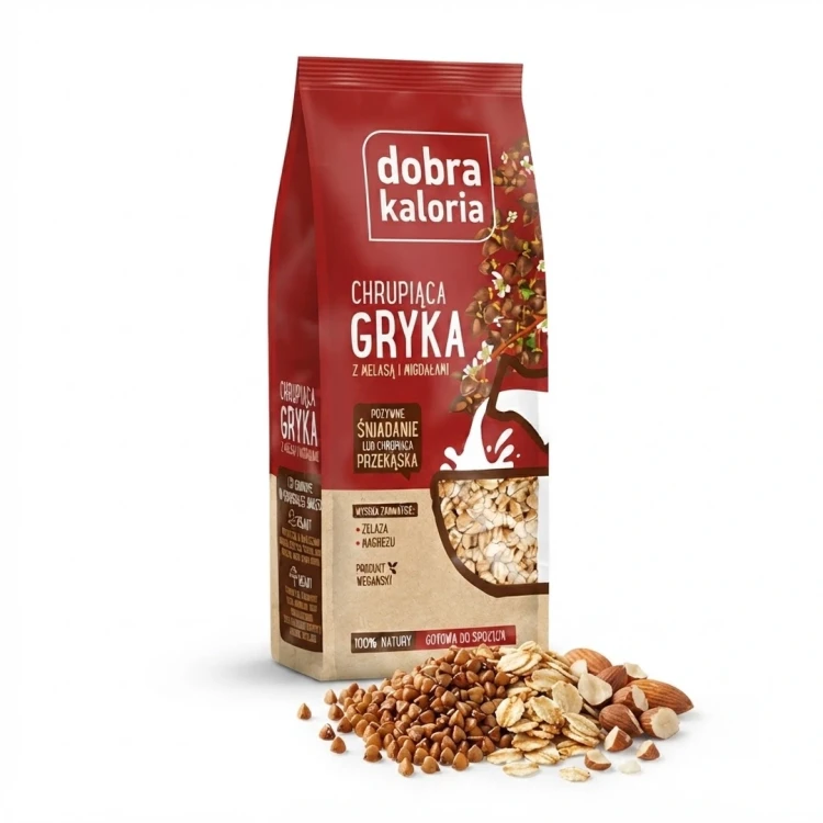 Chrupiąca gryka z melasą i migdałami 100g Dobra Kaloria — opakowanie i zawartość produktu