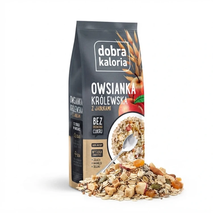 Owsianka królewska z jabłkami 320g Dobra Kaloria — opakowanie i zawartość produktu