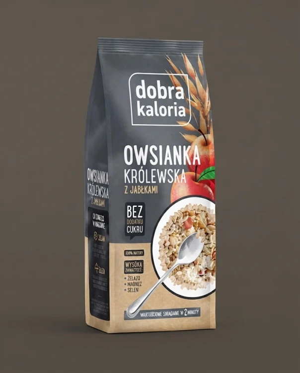 Owsianka królewska z jabłkami 320g Dobra Kaloria — opakowanie na tle w kolorze produktu