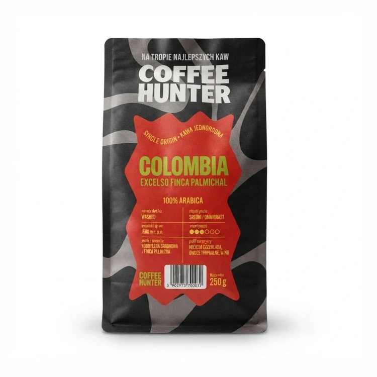 Kawa ziarnista COLOMBIA EXCELSO FINCA PALMICHAL Coffe Hunter — opakowanie, zdjęcie studyjne
