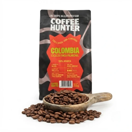 Kawa ziarnista COLOMBIA EXCELSO FINCA PALMICHAL Coffe Hunter — opakowanie i zawartość produktu