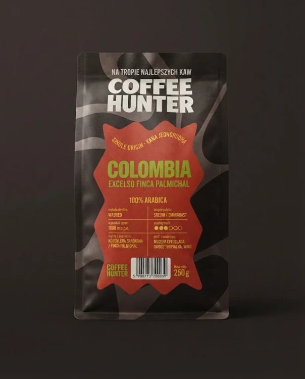 Kawa ziarnista COLOMBIA EXCELSO FINCA PALMICHAL Coffe Hunter — opakowanie na tle w kolorze produktu