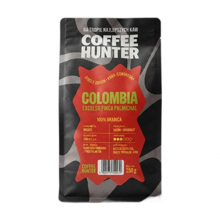 Kawa ziarnista COLOMBIA EXCELSO FINCA PALMICHAL Coffe Hunter — opakowanie na białym tle