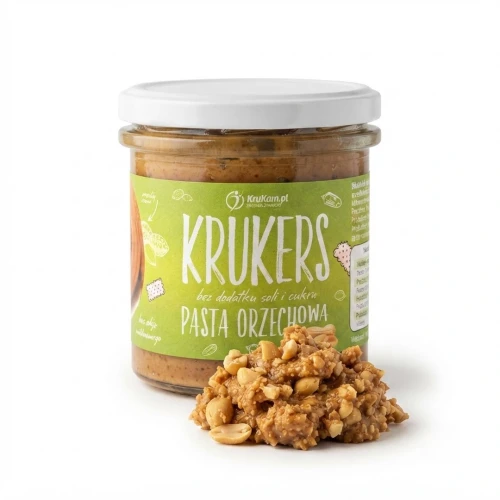 Chrupiąca pasta orzechowa Krukers 300g Krukam — opakowanie i zawartość produktu