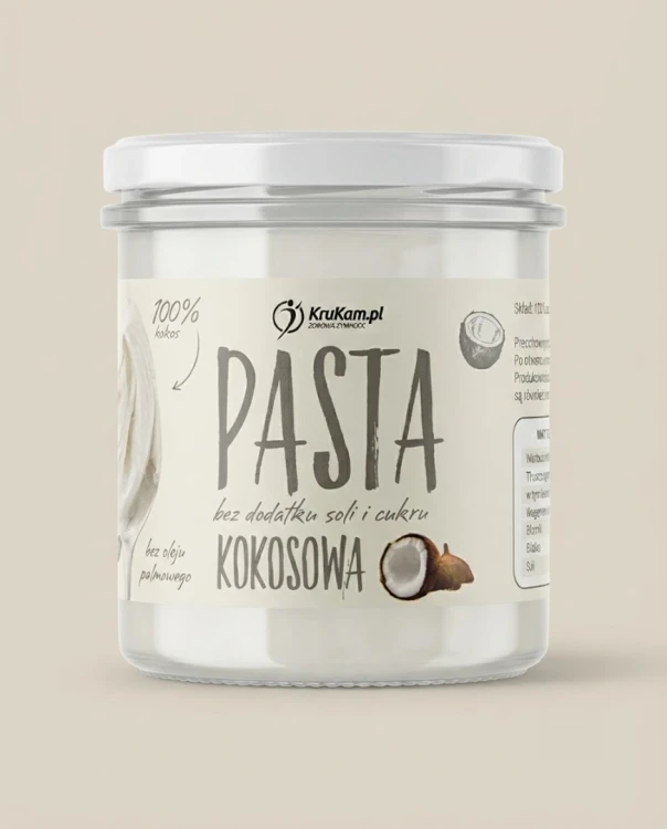 Pasta kokosowa 300g Krukam — opakowanie na tle w kolorze produktu