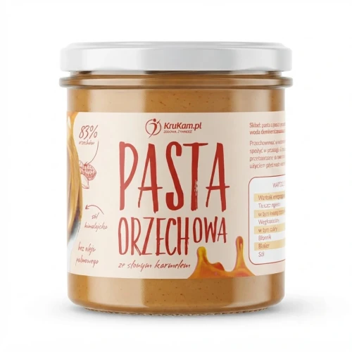 Pasta orzechowa słony karmel 300g Krukam — opakowanie, zdjęcie studyjne