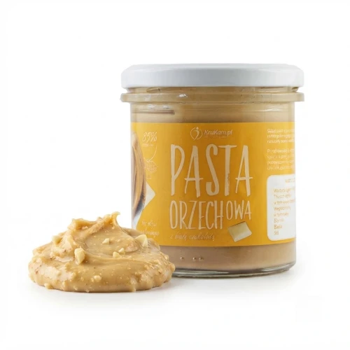 Pasta orzechowa z białą czekoladą 300g Krukam — opakowanie i zawartość produktu