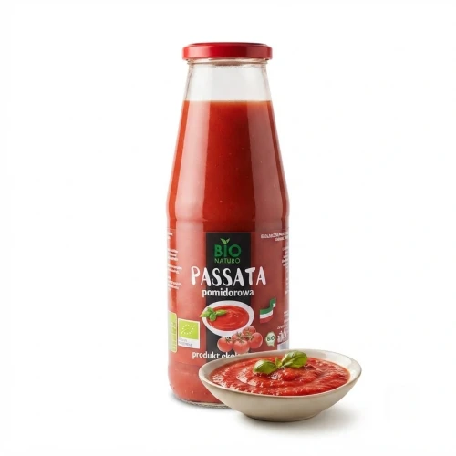 Ekologiczna passata pomidorowa  690g Bio Naturo — opakowanie i zawartość produktu