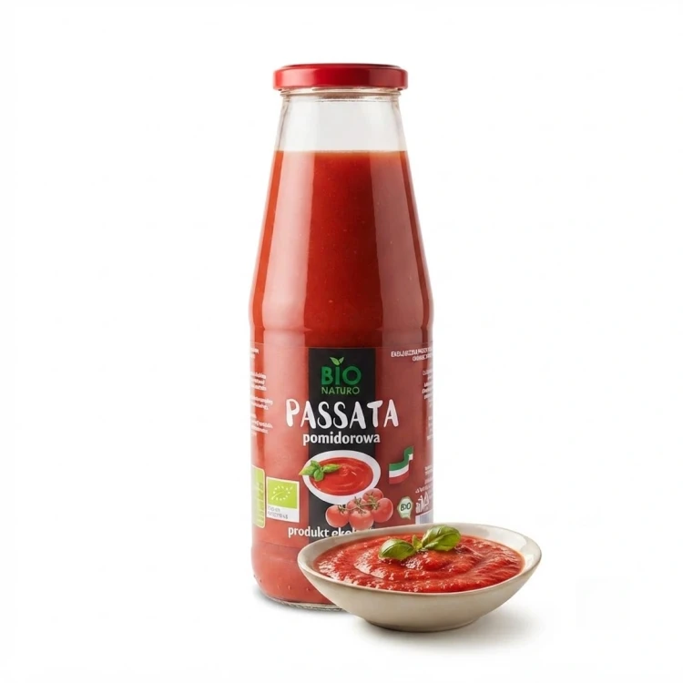 Ekologiczna passata pomidorowa  690g Bio Naturo — opakowanie i zawartość produktu