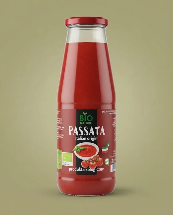 Ekologiczna passata pomidorowa  690g Bio Naturo — opakowanie na tle w kolorze produktu