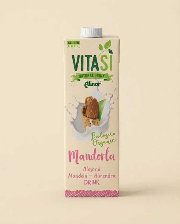 Napój migdałowy BIO 1 l Vitasi — opakowanie na tle w kolorze produktu