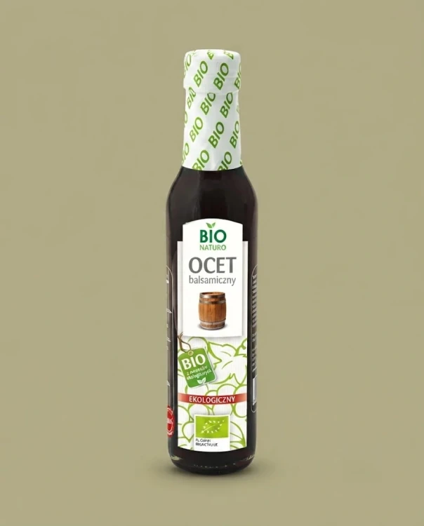 Ekologiczny ocet balsamiczny BIO 250 ml Bio Naturo — opakowanie na tle w kolorze produktu