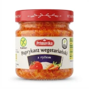 Paprykarz wegetariański z ryżem 160g Primavika — opakowanie, zdjęcie studyjne