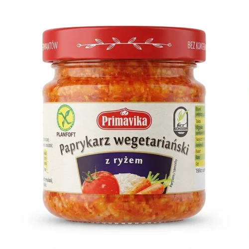 Paprykarz wegetariański z ryżem 160g Primavika — opakowanie, zdjęcie studyjne