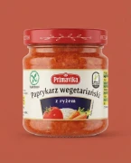Paprykarz wegetariański z ryżem 160g Primavika — opakowanie na tle w kolorze produktu