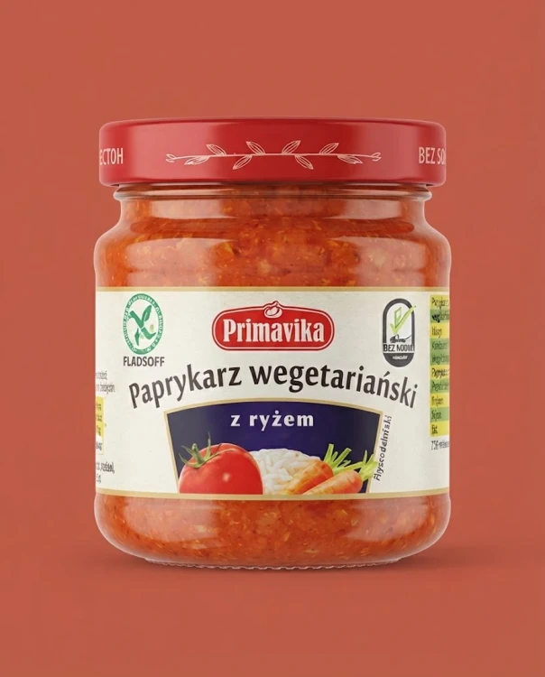 Paprykarz wegetariański z ryżem 160g Primavika — opakowanie na tle w kolorze produktu