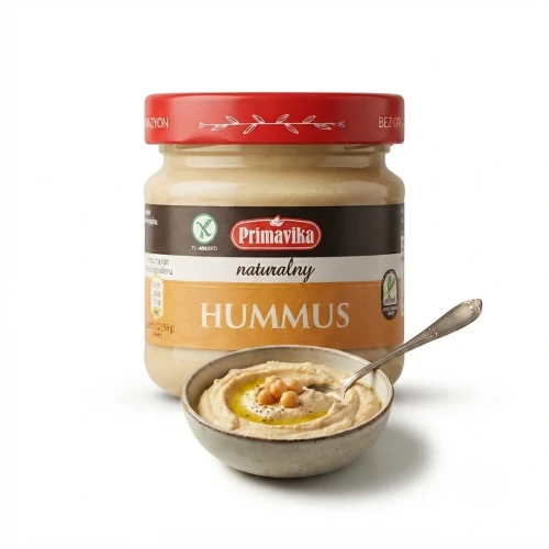Hummus naturalny 160g Primavika — opakowanie i zawartość produktu