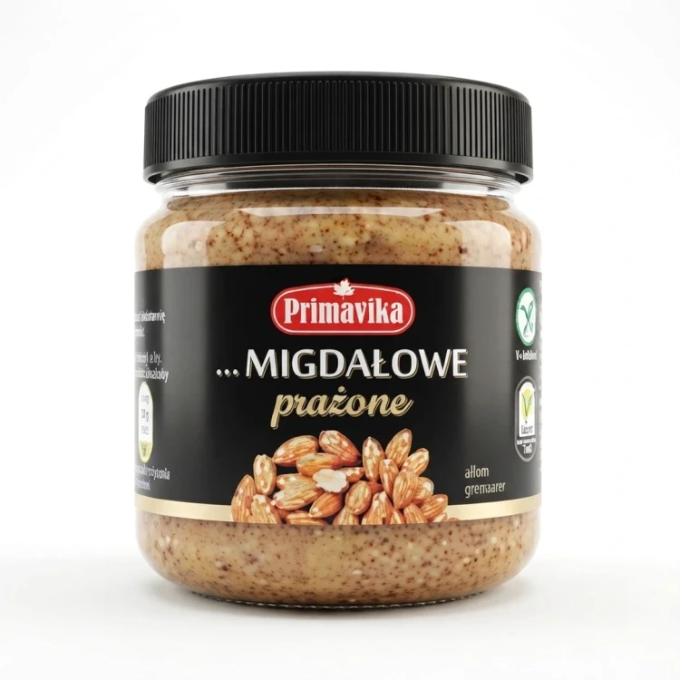 Pasta z migdałów prażonych Orzeszek 185g Primavika — opakowanie, zdjęcie studyjne