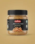 Pasta z migdałów prażonych Orzeszek 185g Primavika — opakowanie na tle w kolorze produktu