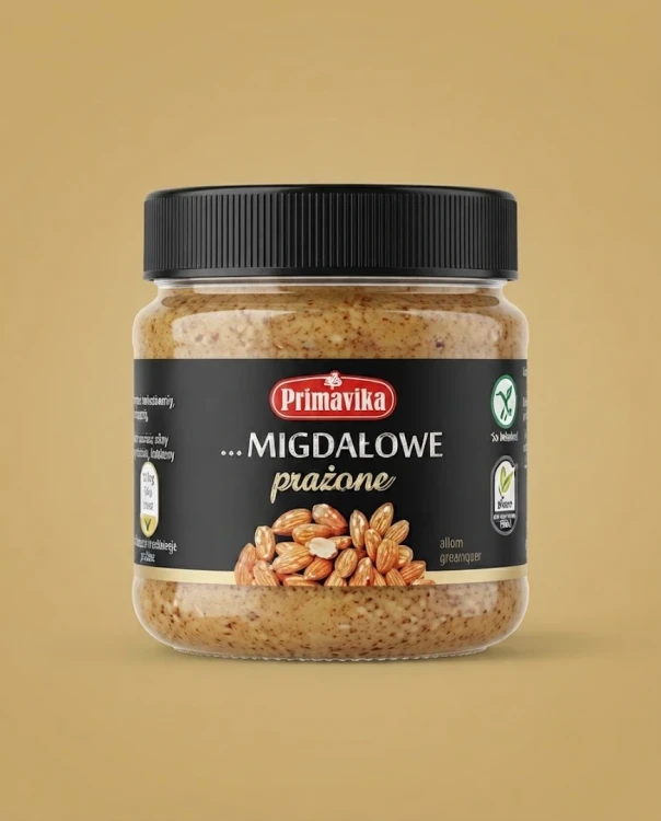 Pasta z migdałów prażonych Orzeszek 185g Primavika — opakowanie na tle w kolorze produktu