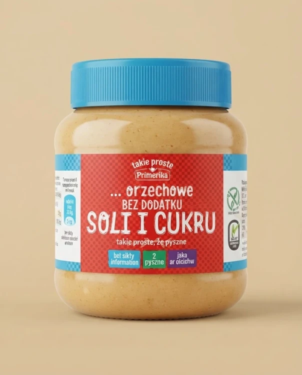 Pasta orzechowa bez dodatku soli i cukru 350g Primavika — opakowanie na tle w kolorze produktu