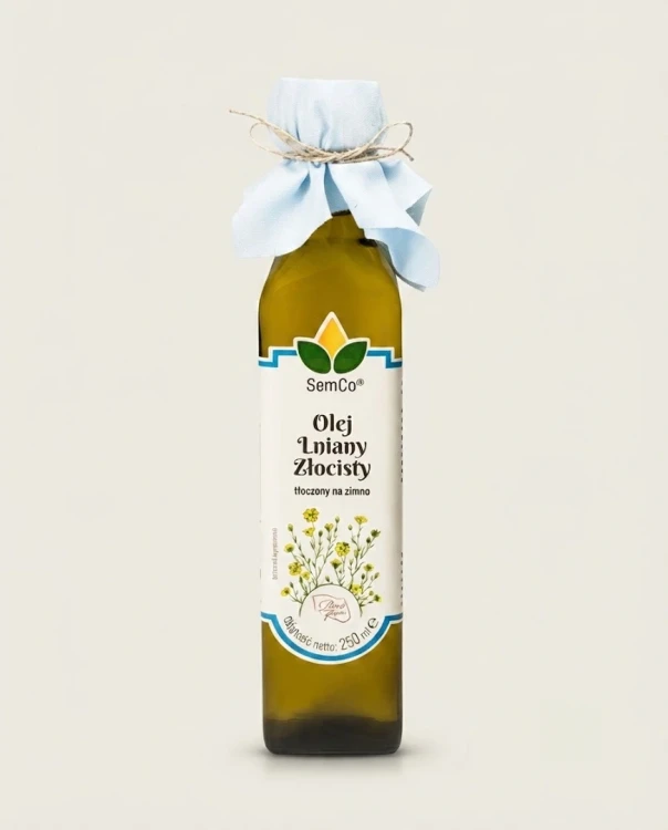 Olej Lniany  Złocisty 250 ml SemCo — opakowanie na tle w kolorze produktu