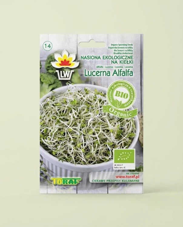 Kiełki BIO Organic - Lucerna 20g Toraf — opakowanie na tle w kolorze produktu