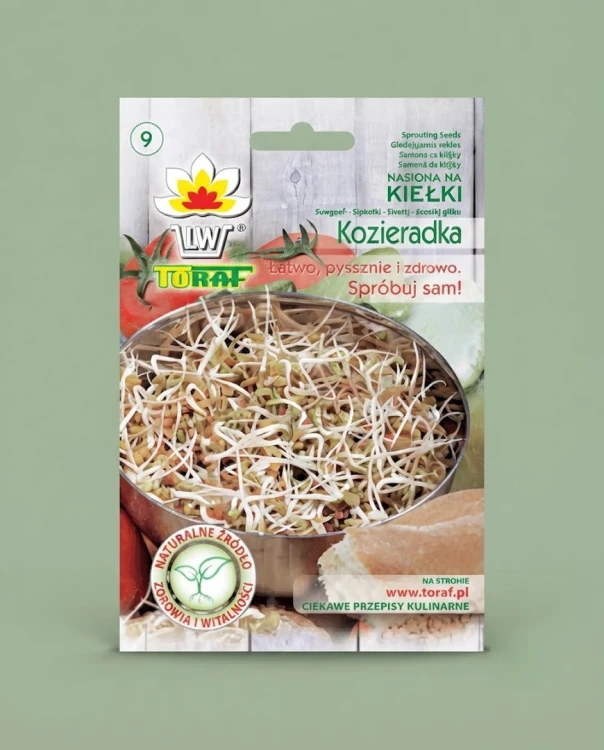 Kiełki - Kozieradka 20g Toraf — opakowanie na tle w kolorze produktu