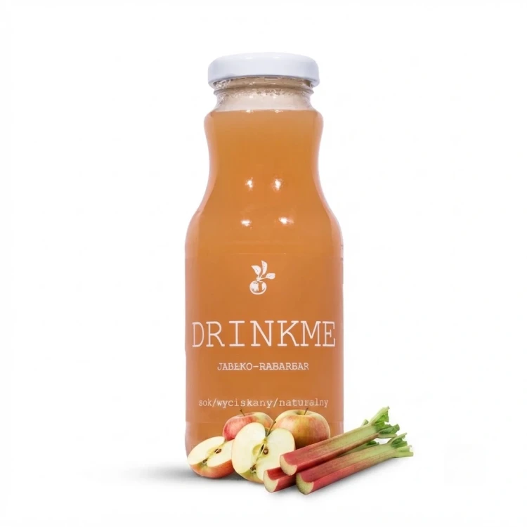 Naturalny sok wyciskany jabłko-rabarbar DRINKME Sadvit — opakowanie i zawartość produktu