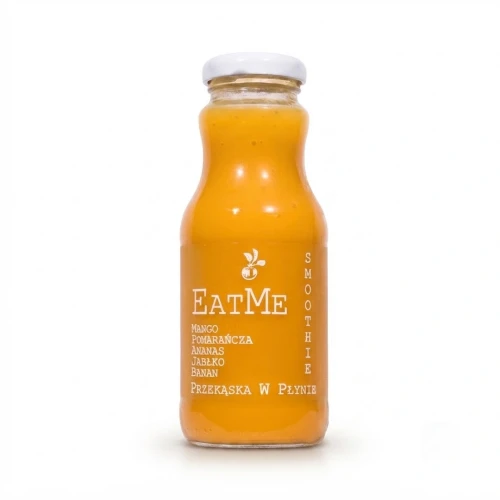 Smoothie mango. pomarańcza. ananas. jabłko. banan  EATME 250 ml Sadvit — opakowanie, zdjęcie studyjne