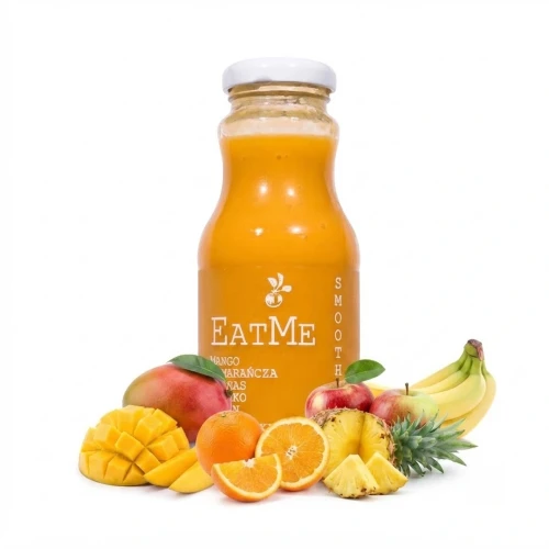 Smoothie mango. pomarańcza. ananas. jabłko. banan  EATME 250 ml Sadvit — opakowanie i zawartość produktu