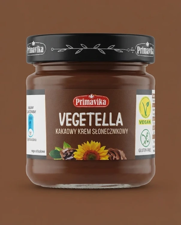 Vegetella – Kakaowy Krem Słonecznikowy 160g Primavika — opakowanie na tle w kolorze produktu