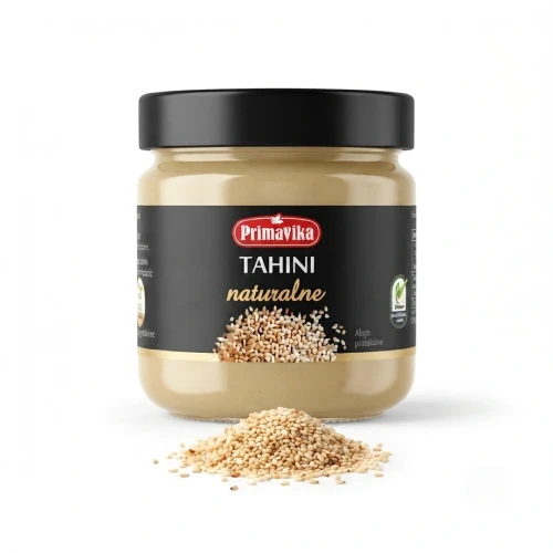 Tahini naturalne 185g Primavika — opakowanie i zawartość produktu