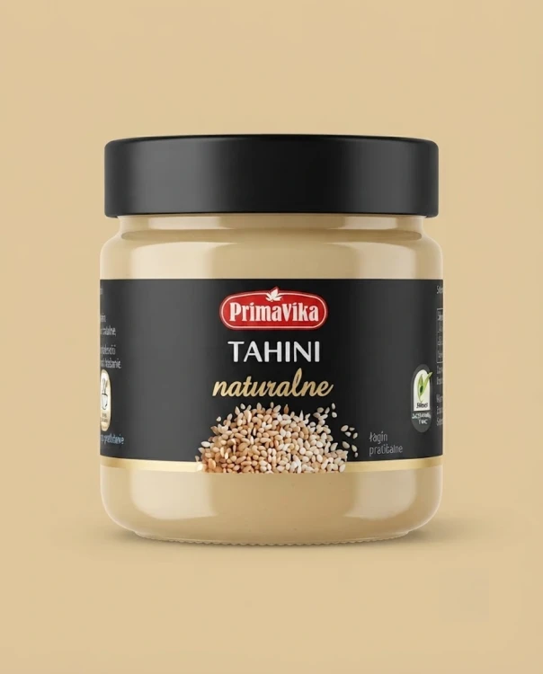 Tahini naturalne 185g Primavika — opakowanie na tle w kolorze produktu