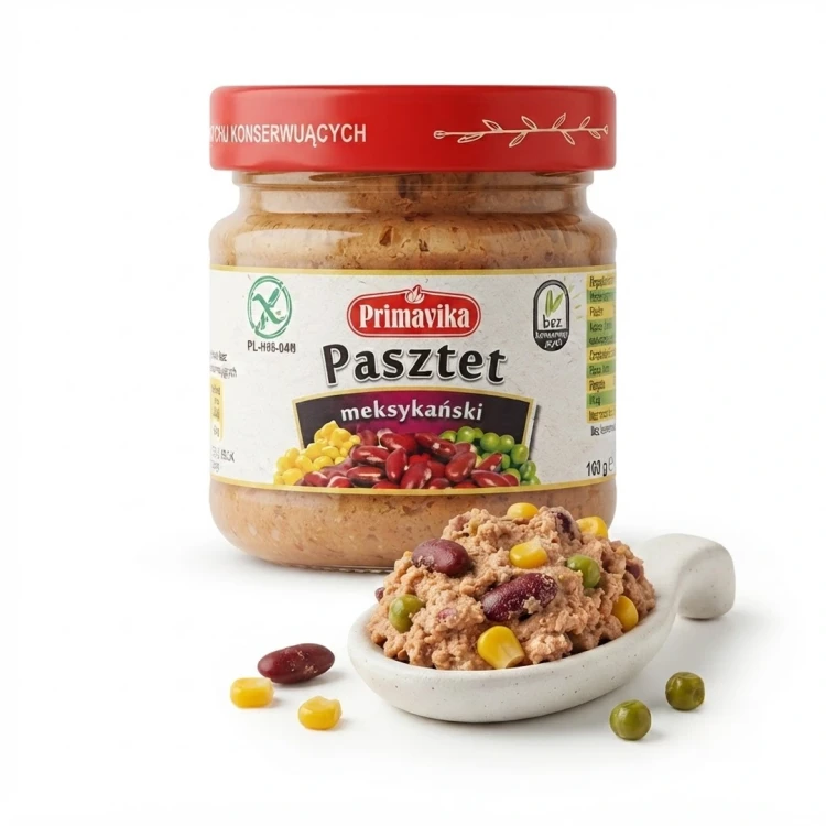 Pasztet meksykański 160g Primavika — opakowanie i zawartość produktu