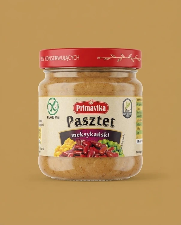 Pasztet meksykański 160g Primavika — opakowanie na tle w kolorze produktu