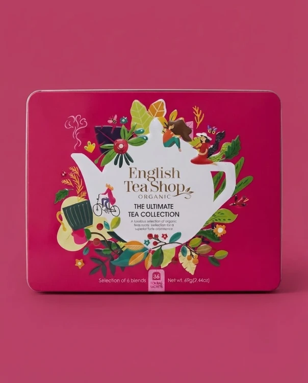 Kolekcja herbat w metalowej puszce The Ultimate Tea Collection English Tea Shop — opakowanie na tle w kolorze produktu