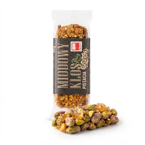 Baton z pistacjami, miodem i solą morską 45 g ŁYSOŃ — opakowanie i zawartość produktu
