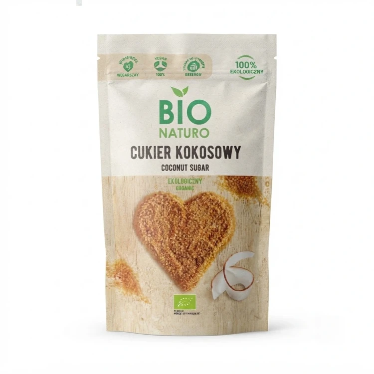 Cukier kokosowy ekologiczny 250 g BIO NATURO — opakowanie, zdjęcie studyjne