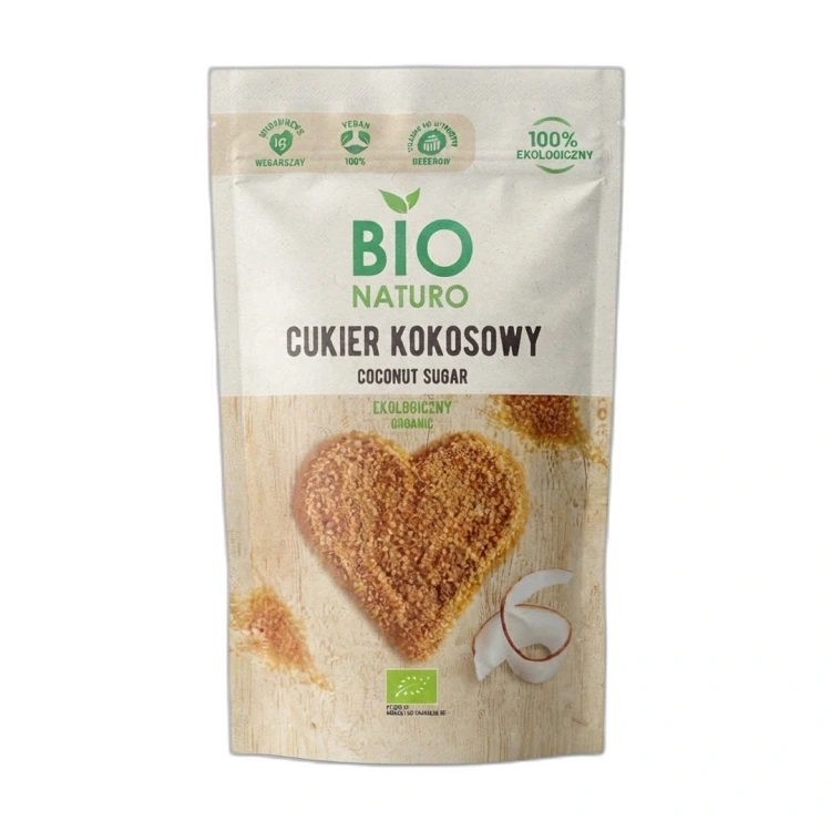 Cukier kokosowy ekologiczny 250 g BIO NATURO — opakowanie na białym tle