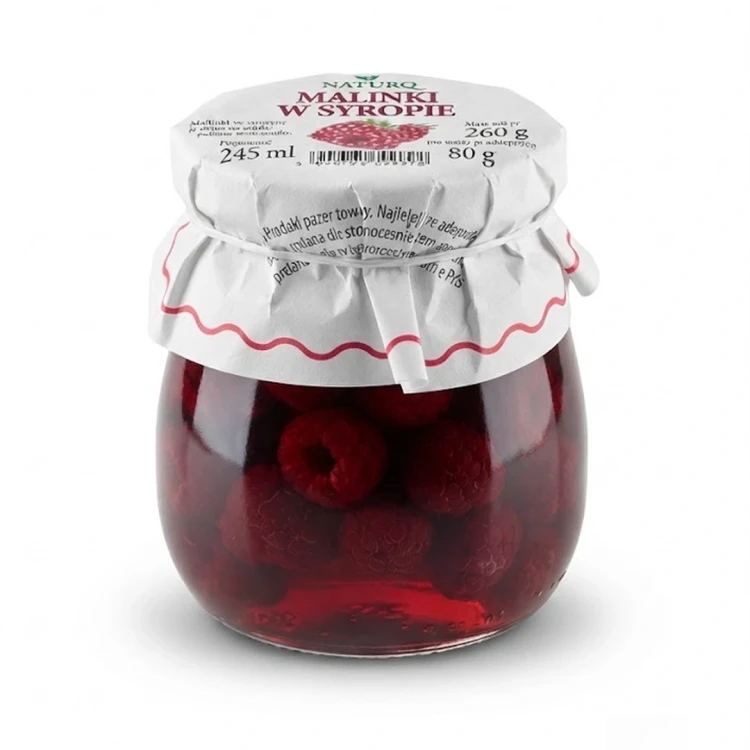 Malinki w syropie 260 g NATURO — opakowanie, zdjęcie studyjne