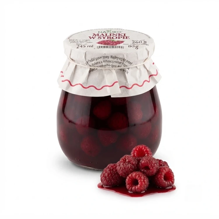 Malinki w syropie 260 g NATURO — opakowanie i zawartość produktu