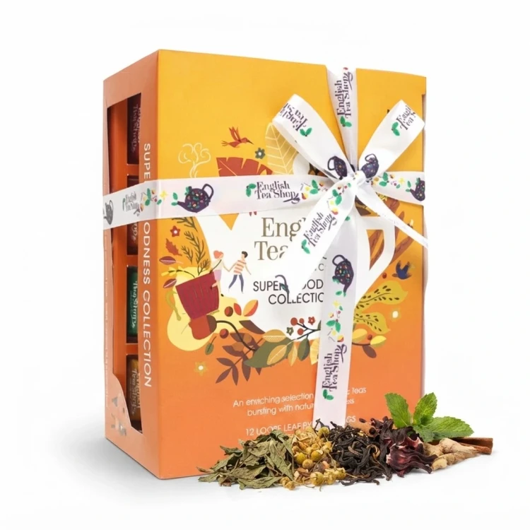 Zestaw herbat ekologicznych w piramidkach Super Goodness Collection English Tea Shop — opakowanie i zawartość produktu