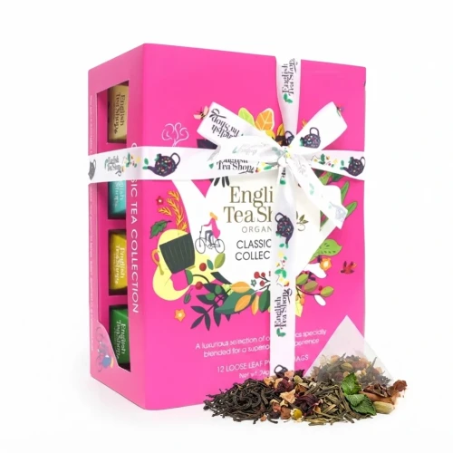 Zestaw herbat ekologicznych w piramidkach Classic Tea Collection English Tea Shop — opakowanie i zawartość produktu