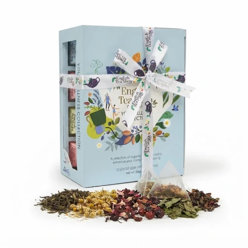 Zestaw herbat ekologicznych w piramidkach Your Wellness Collection English Tea Shop — opakowanie i zawartość produktu