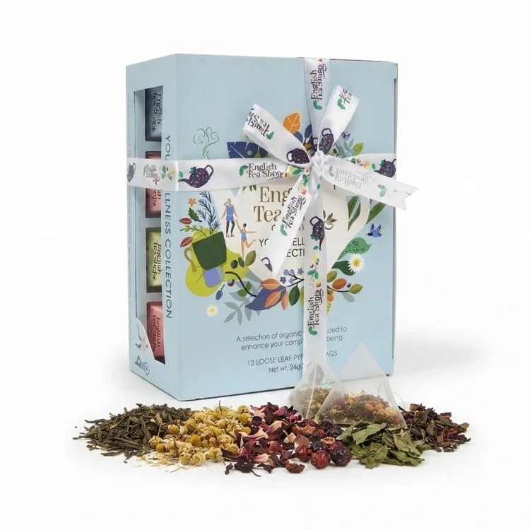 Zestaw herbat ekologicznych w piramidkach Your Wellness Collection English Tea Shop — opakowanie i zawartość produktu