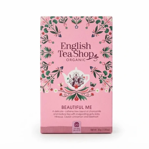 Organiczna herbatka ziołowa Beautiful Me English Tea Shop — opakowanie, zdjęcie studyjne