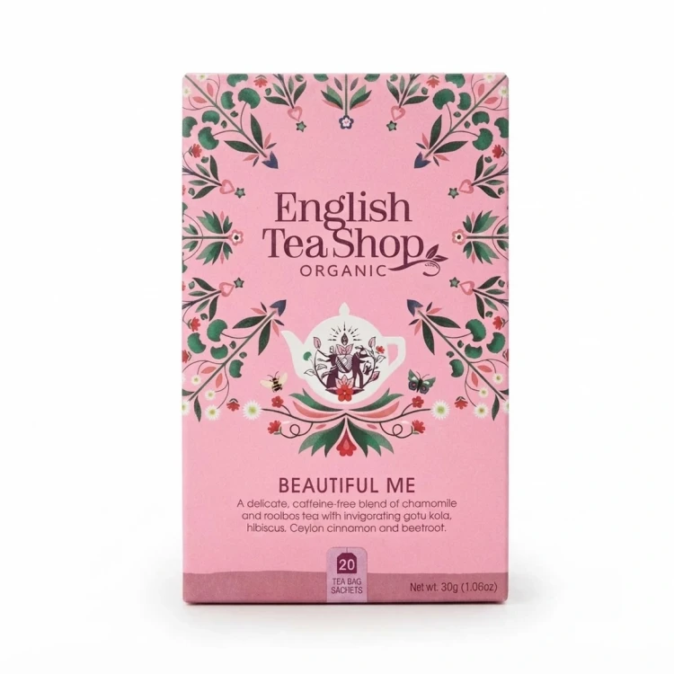 Organiczna herbatka ziołowa Beautiful Me English Tea Shop — opakowanie, zdjęcie studyjne