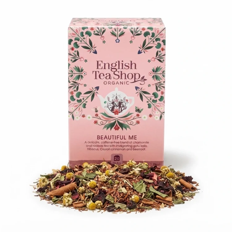 Organiczna herbatka ziołowa Beautiful Me English Tea Shop — opakowanie i zawartość produktu